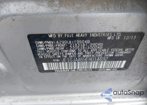 2014 Subaru Impreza 2.0I из США, поврежденный, VIN JF1GJAA69EH014692